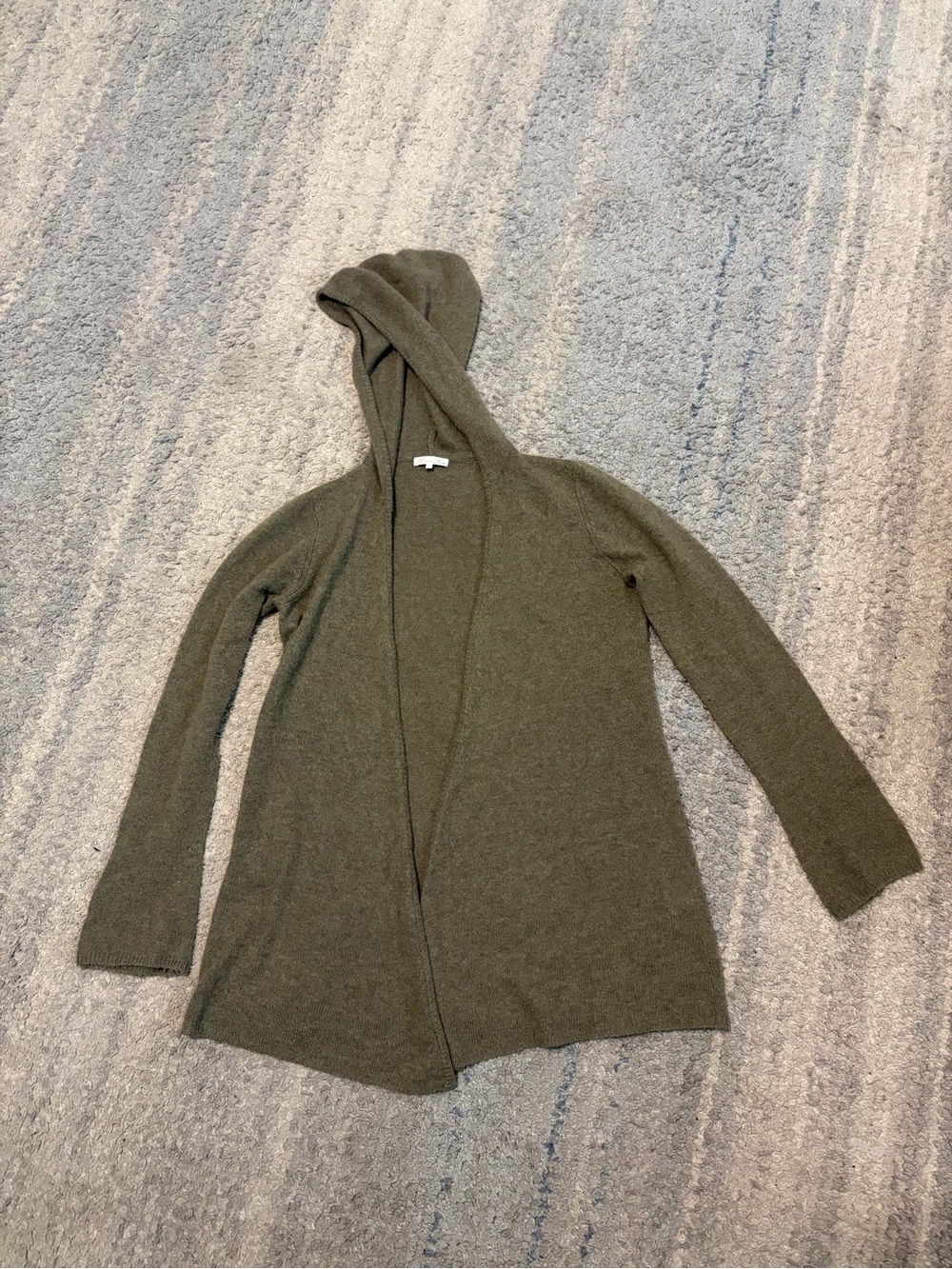 Minnie Rose, 100% Cashmere, Hooded Cardigan, Open Front Sweater, Olive Green Dus